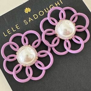 LELE sadoughi pink flower stud earrings with pearl centered